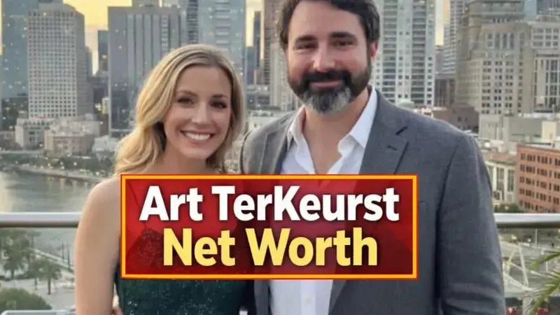 Couple posing on a city-view balcony at sunset with bold centered text Art TerKeurst Net Worth, highlighting the topic of Art TerKeurst’s wealth, income, and financial profile in an eye-catching design.